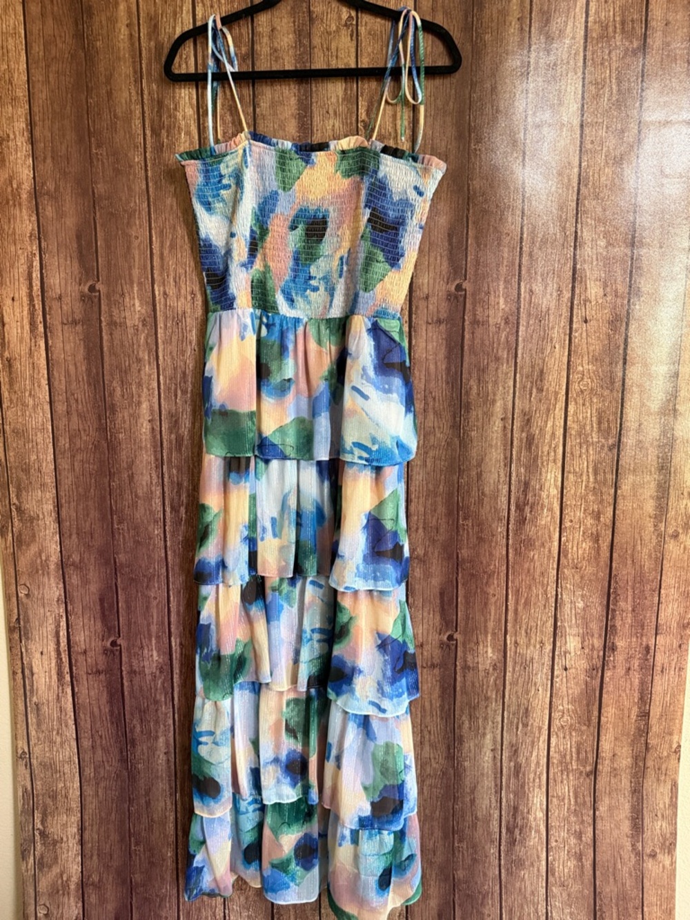 Tiered Watercolor Maxi Dress with Spaghetti Straps - Blue, Green, Peach